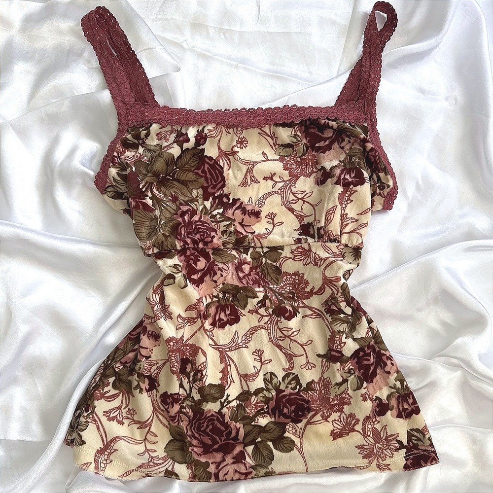 Remain Women Floral Lace Trim Cami Top Burgundy Cream Empire Waist Small